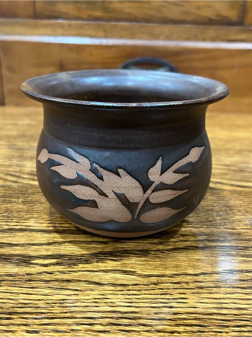 Handmade Small Studio Pottery Planter Bowl Brown Glazed Leaf Design Rustic Decor